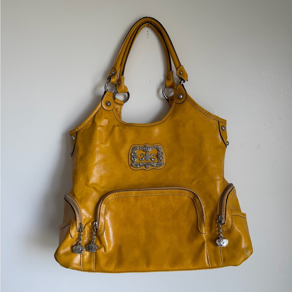 Kathy Van Zeeland Mustard Yellow Shoulder Bag Large Multi-Pocket Faux Leather